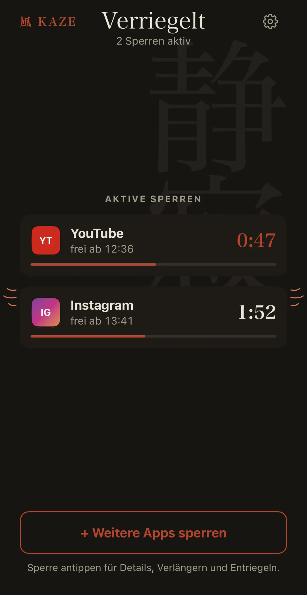 Übersicht „Verriegelt“ mit zwei aktiven Sperren, YouTube und Instagram, jede mit ihrer Restzeit.
