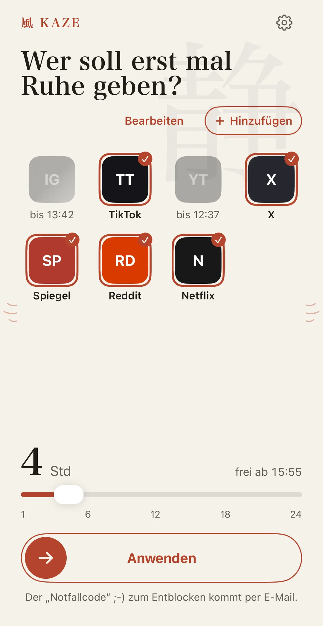 Bildschirm „Wer soll erst mal Ruhe geben?“ mit fünf gewählten Apps, 4 Stunden Dauer und dem Riegel Anwenden.