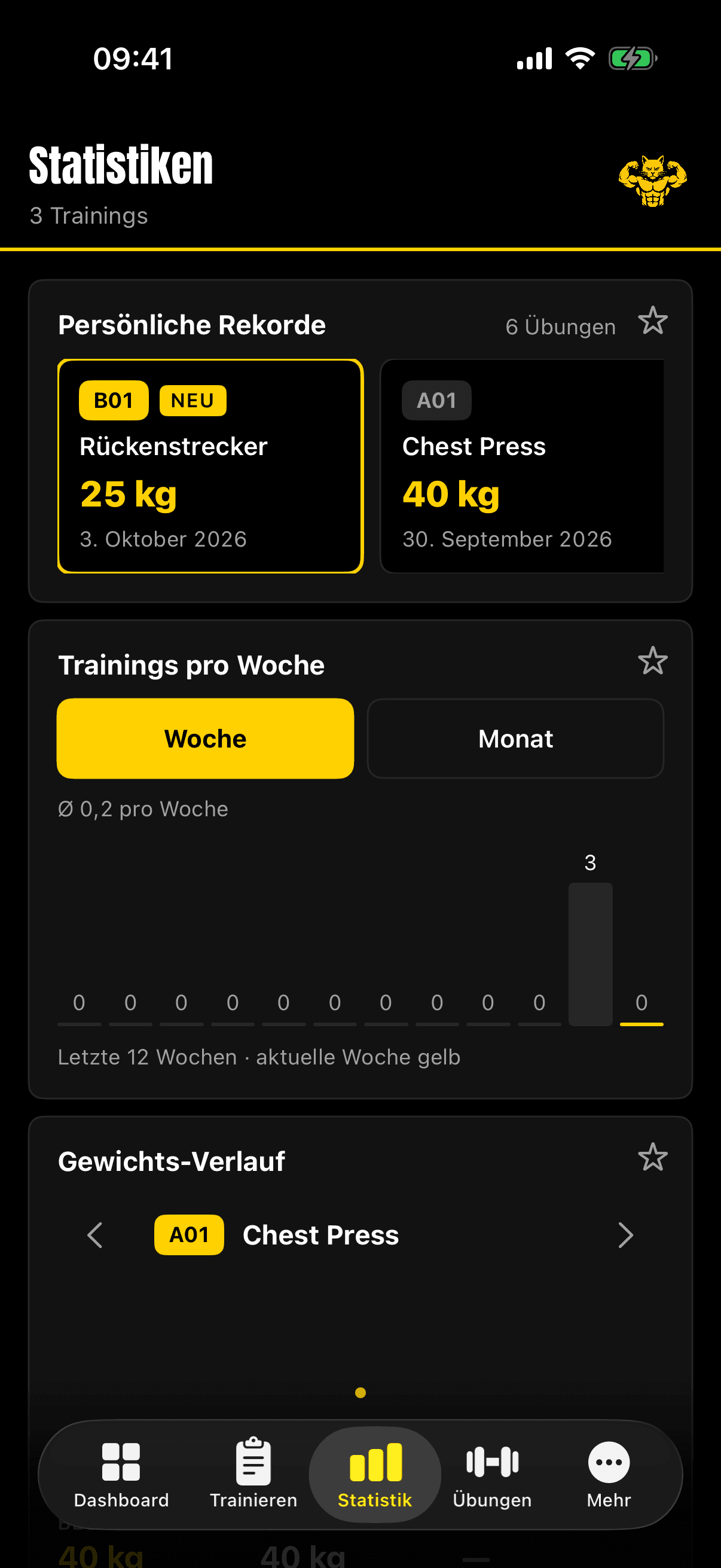 Statistik in MuscleCat mit persönlichen Rekorden, Trainings pro Woche und Gewichtsverlauf.
